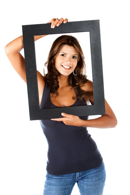 girl smiling framing her face isolated over a white background