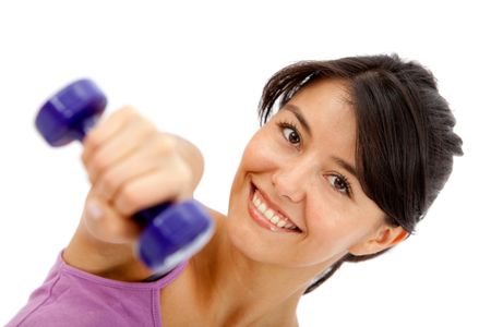 beautiful woman exercising with free weights over a white background