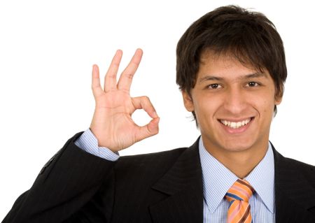 business man smiling doing the okay sign over a white background