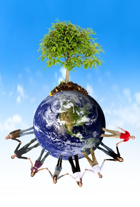 Casual group of friends holding hands around the globe with a tree growing from it