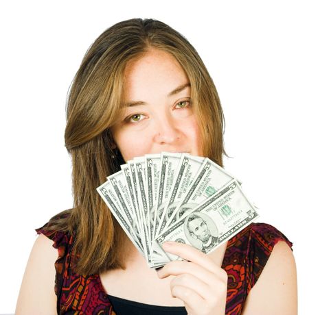 arrogant woman with lots of money on her hand