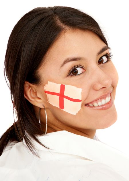 Woman portrait with the english flag on her face - isolated ove white
