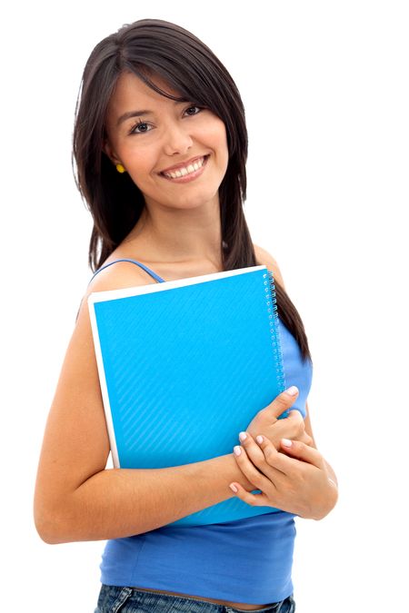 Beautiful female student with a notebook isolated over a white background