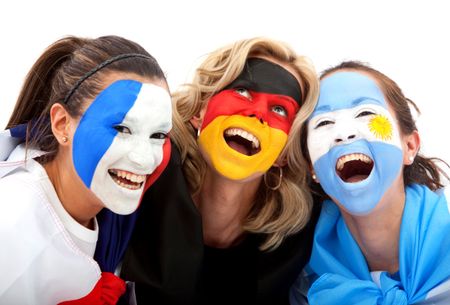 Group of football fans looking happy with their faces painted - Isolated over a white background