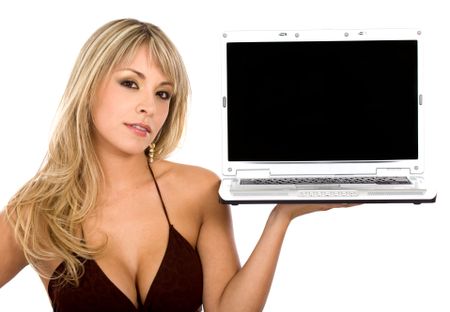 beautiful girl showing a laptop over a white background