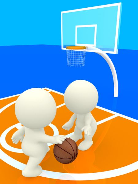 3D people bouncing basketball to score on an orange/blue court