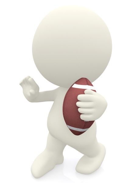3D man holding a football ball with hand in front isolated over white