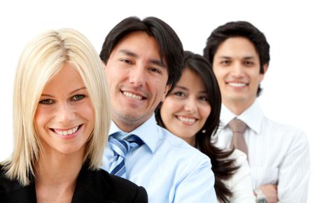 group of business people smiling isolated over a white background