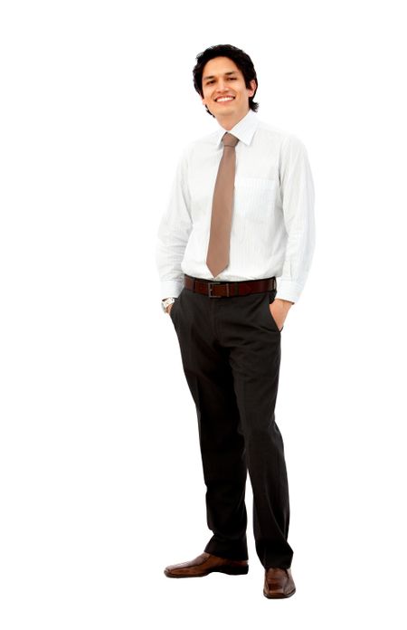 Friendly business man smiling isolated over a white background