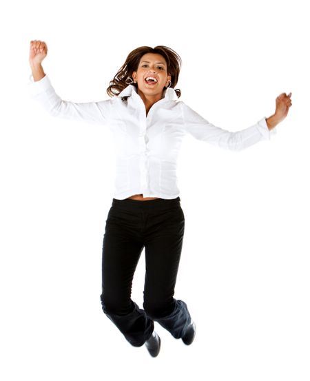 Happy business woman jumping isolated over a white background