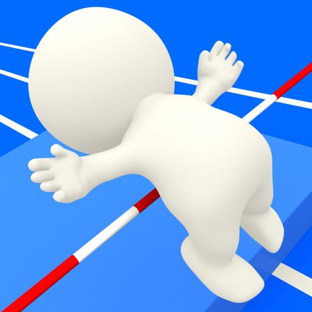 3D person over a blue track practicing high jump