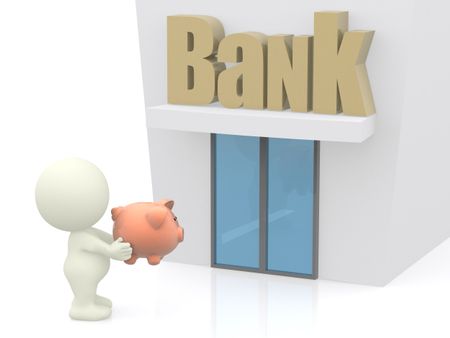 3D person taking a piggybank to the bank isolated over a white background