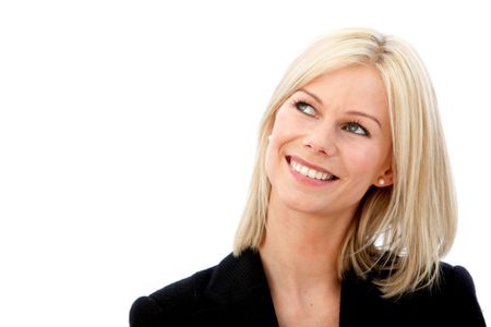 Thoughtful business woman smiling isolated over a white background