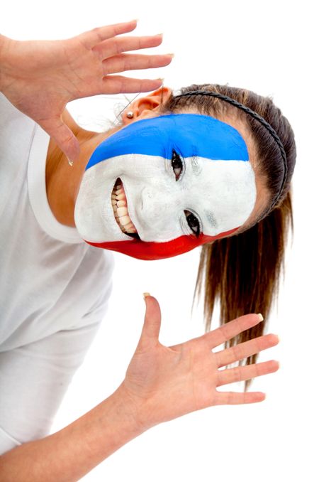 French football fan with the flag painted on her face - isolated over white