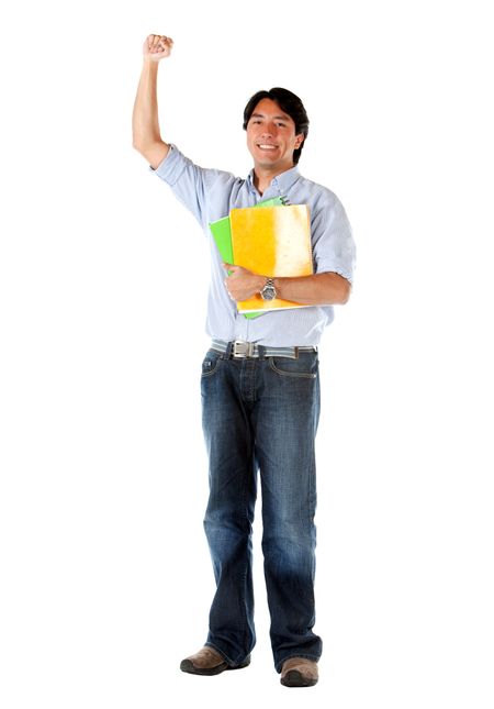 Casual student with arm up displaying something isolated over a white background