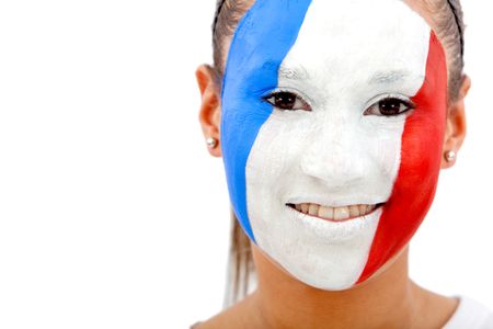 Portrait of a woman with the french flag paited on her face - over a white background