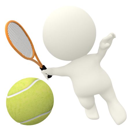 3D tennis player hitting the ball with a racket isolated over a white background