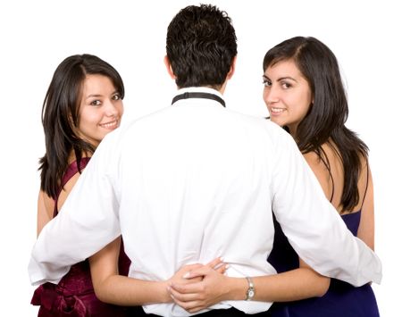 man with two girls off to a party over a white background
