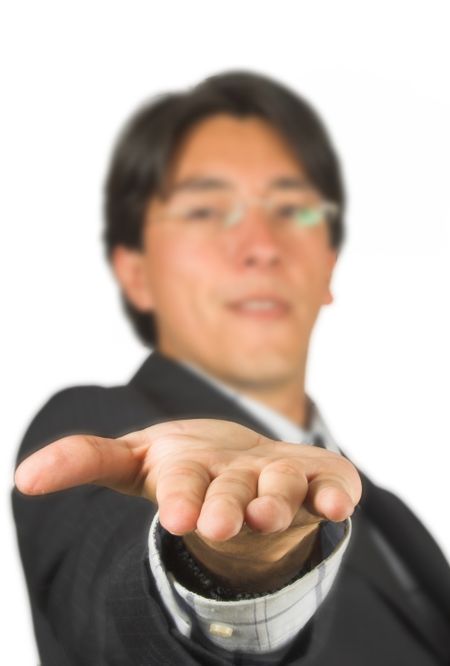 business man wearing glasses offering a hand