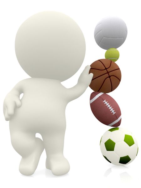 3d person leaning on a pile of sport's balls - isolated over white