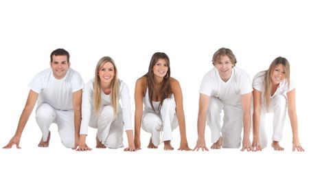 Group of people in a racing position isolated over a white background