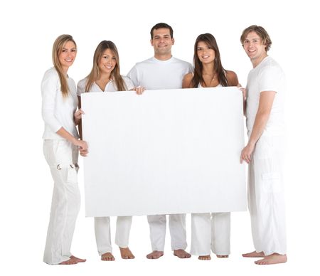 Group of people holding a banner isolated over a white background