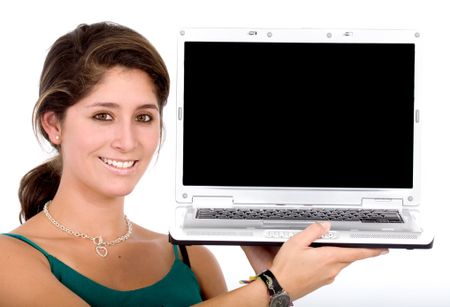 firneldy girl showing her laptop screen smiling isolated over a white background