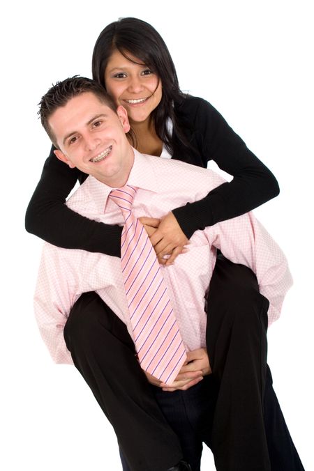 isolated couple smiling over a white background - piggyback