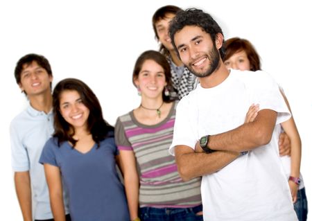 Casual group of friends smiling with a guy leading - isolated over a white background