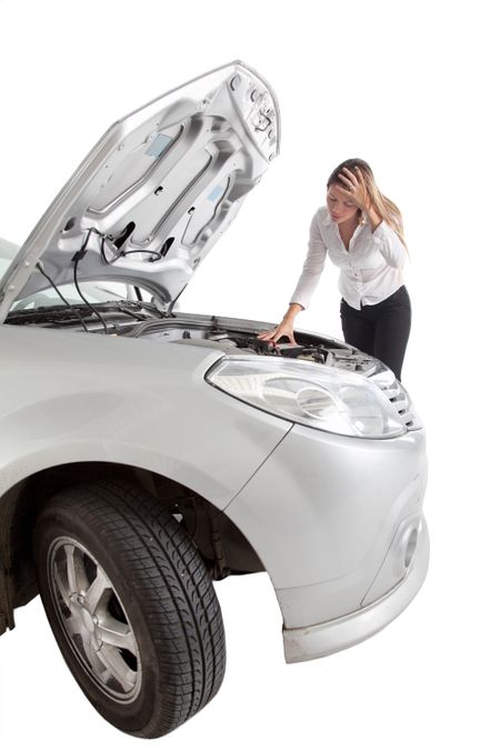 Woman having car trouble with an opened hood - isolated over a white