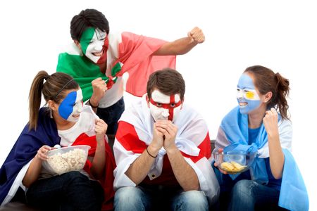 Patriotic group of people from different countries and flags painted on their faces picking on Englad