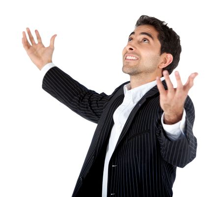 Successful business man with arms up - isolated over a white background