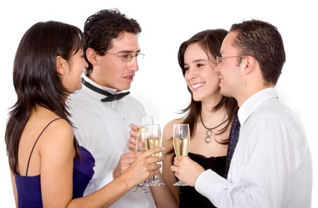 friends having a drink and chatting during a night out - isolated over a white background