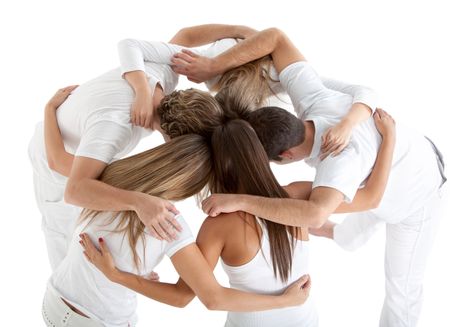 Group of people hugging isolated over a white background