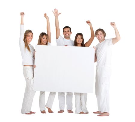 Happy group of people holding a banner isolated over a white background
