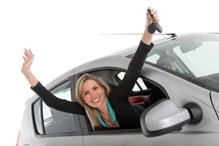 Happy woman coming from a car?s window ? isolated over a white background