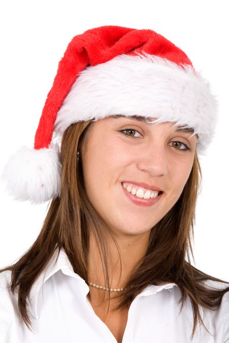 female santa portrait smiling isolated over a white background