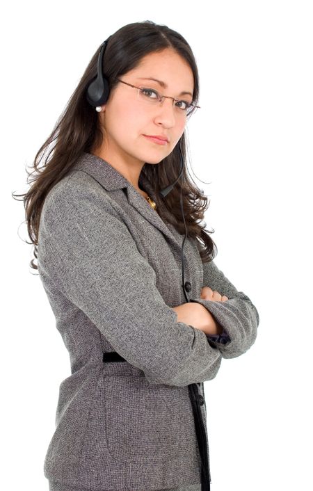 customer service girl wearing a headset - isolated over a white background
