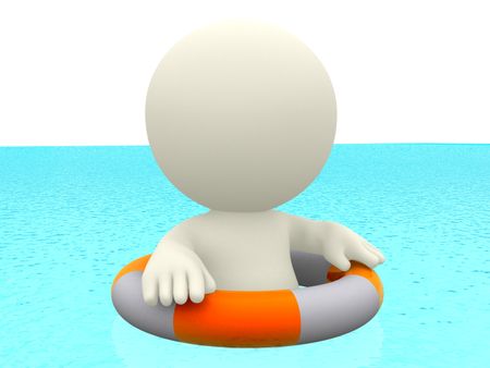 3D man with a lifesaver swimming in a pool