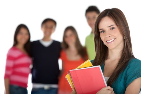 Female student with a group, holding notebooks - isolated over white