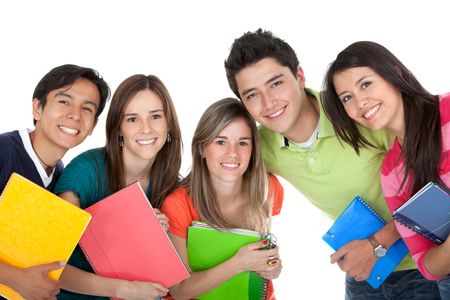 Group of students holding notebooks ? isolated over a white background