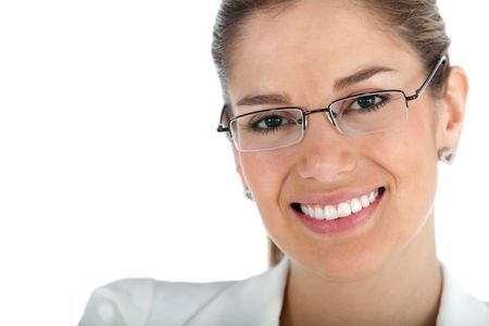 Beautiful business woman wearing glasses - isolated over a white background