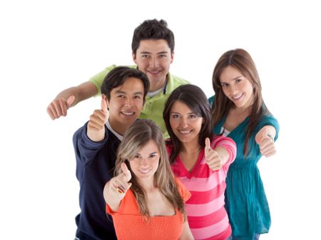 Happy group of people with thumbs up  - isolated over a white background