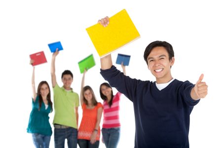Happy male student with a group and arms up - isolated over white