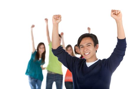Happy man with a group and arms up - isolated over a white background