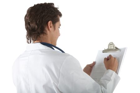 Doctor facing backwards writing on a clipboard - isolated white