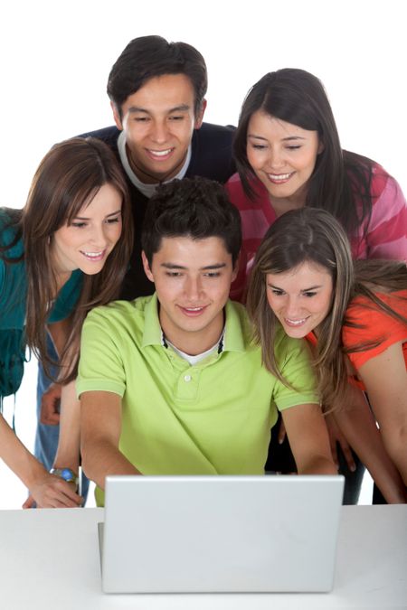 Group of people with a computer - isolated over a white bakground