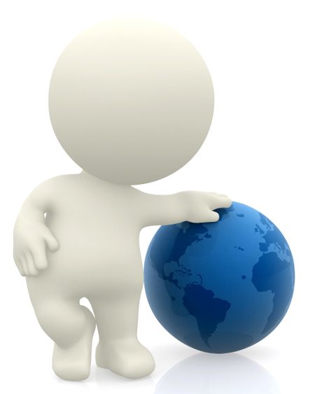 3D person leaning on  the Earth isolated over a white background