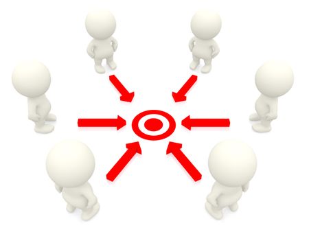 Group of 3D people working towards a common target isolated over a white background