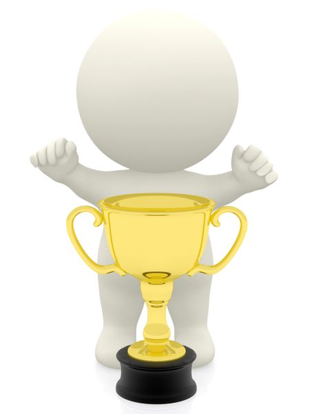3d person winning a trophy with arms up - isolated over a white background